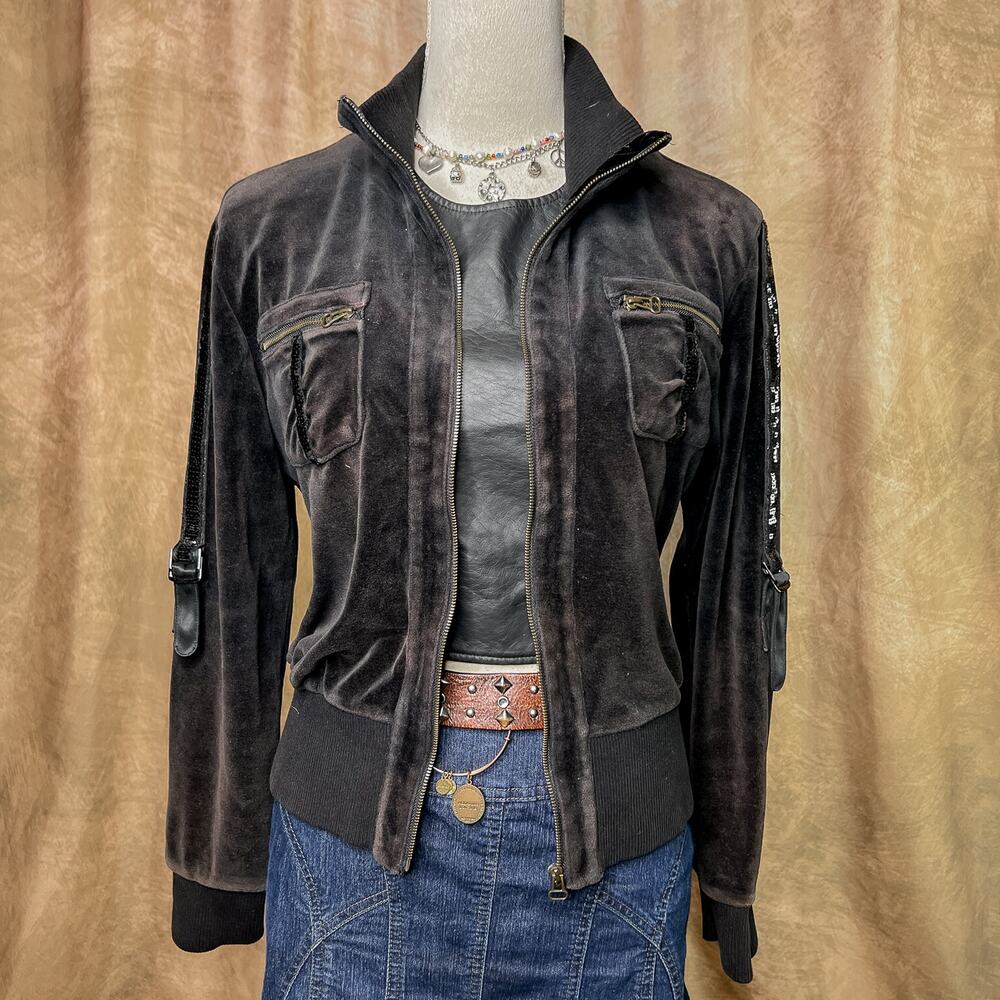 Y2K Velour Jacket Cargo Pocket Zip Up Black Sequined Moto Indie Sleaze Scene